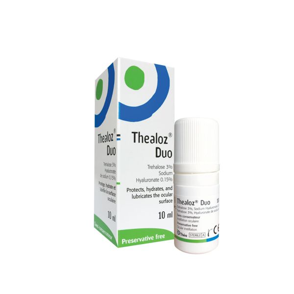 Thealoz Duo eye drops 10ml bottle and box for dry eye relief, preservative-free